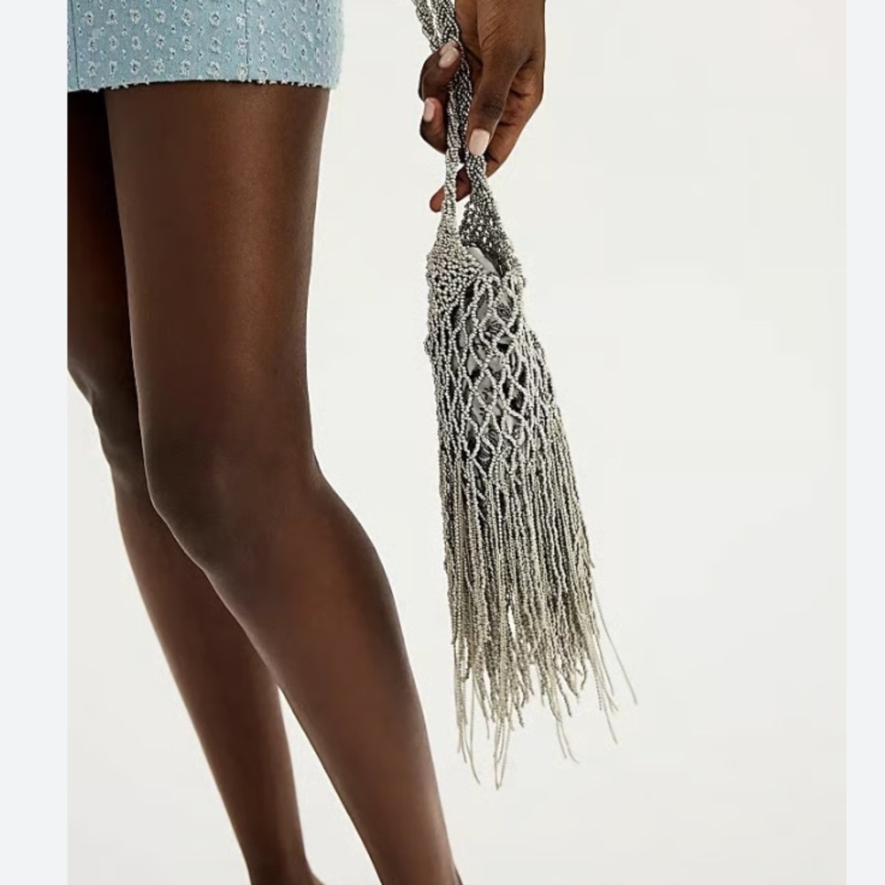 Free People purse Silver pewter Hayes Shoulder Bag NEW Beaded netting